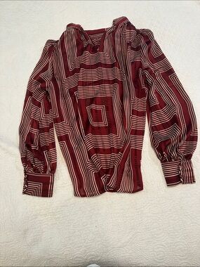 H&M Burgundy and Cream Geometric V-Neck Blouse